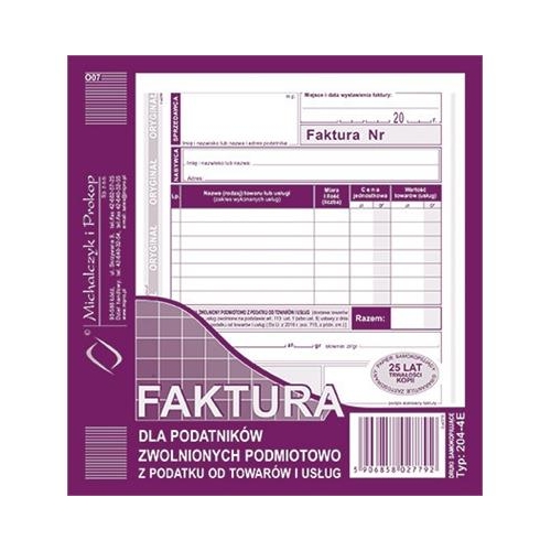 Druk Faktura A5 2/3 pod. zwolnionych z VAT 204-4E -12004