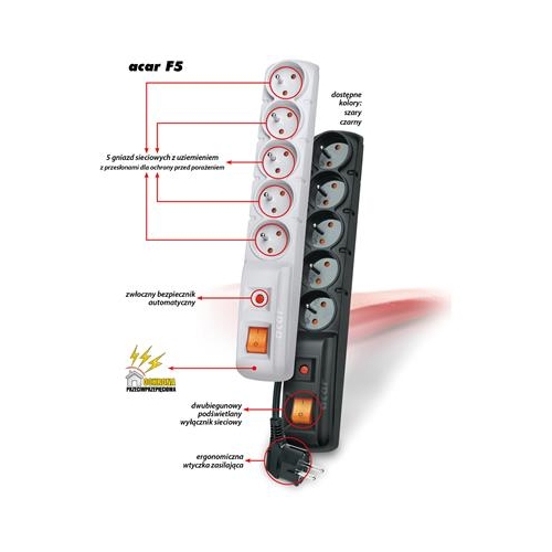 Listwa zasilająca ACAR F5 1,5m 5 gniazd CZARNA-14480