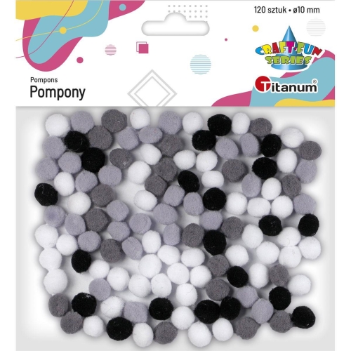 Pompony poliestrowe 10mm 120szt Mix czarno-biały
