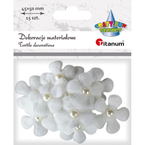 Kwiaty materiałowe Titanum 15szt Białe z perełką