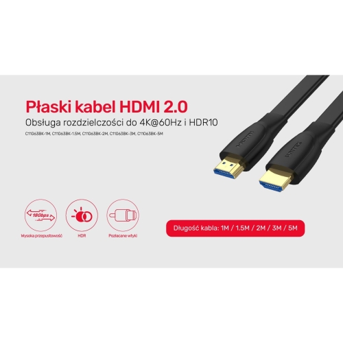 Kabel HDMI Unitek M/M v2.0 4K 5m High Speed płaski-40752